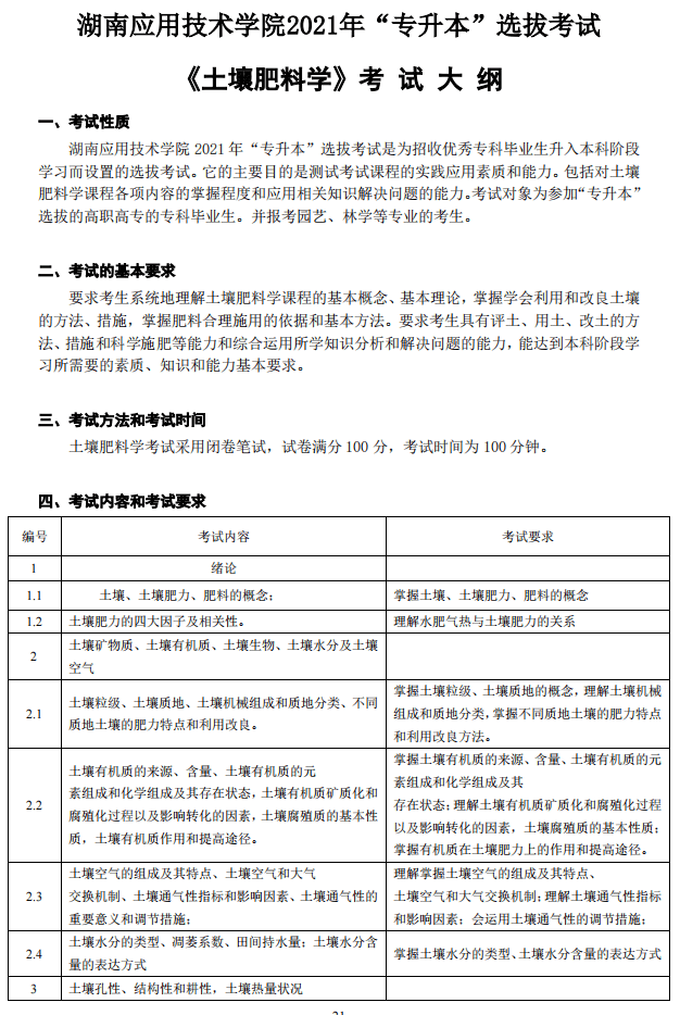 湖南应用技术学院2021年专升本《土壤肥料学》考试大纲