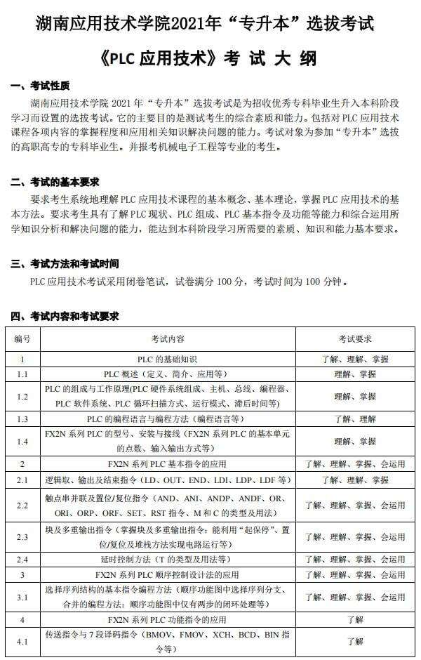 湖南应用技术学院2021年专升本《PLC应用技术》考试大纲