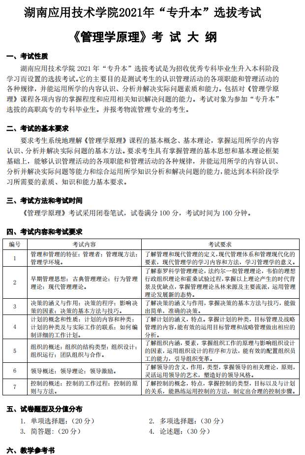 湖南应用技术学院2021年专升本《管理学原理》考试大纲