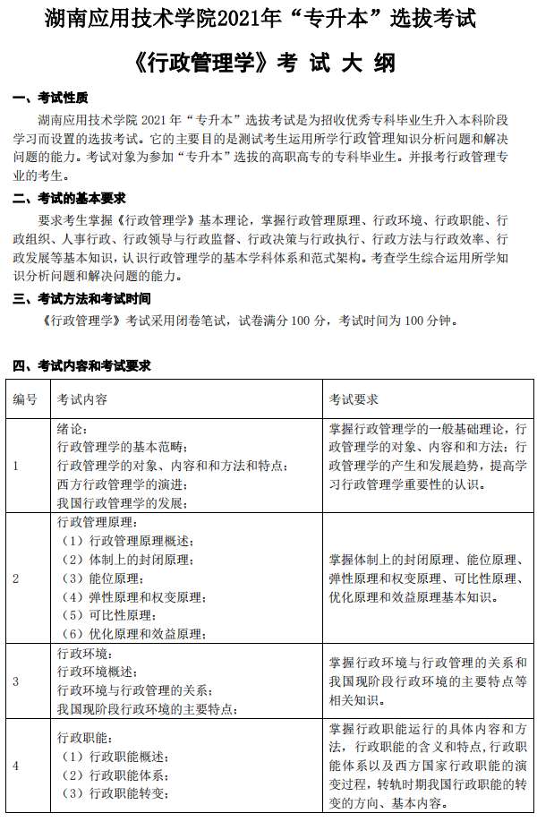 湖南应用技术学院2021年专升本《行政管理学》考试大纲