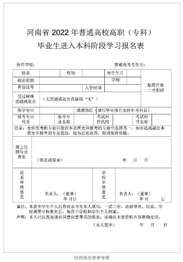 河南省2022年普通高校高职(专科)毕业生进入本科阶段学习报名表
